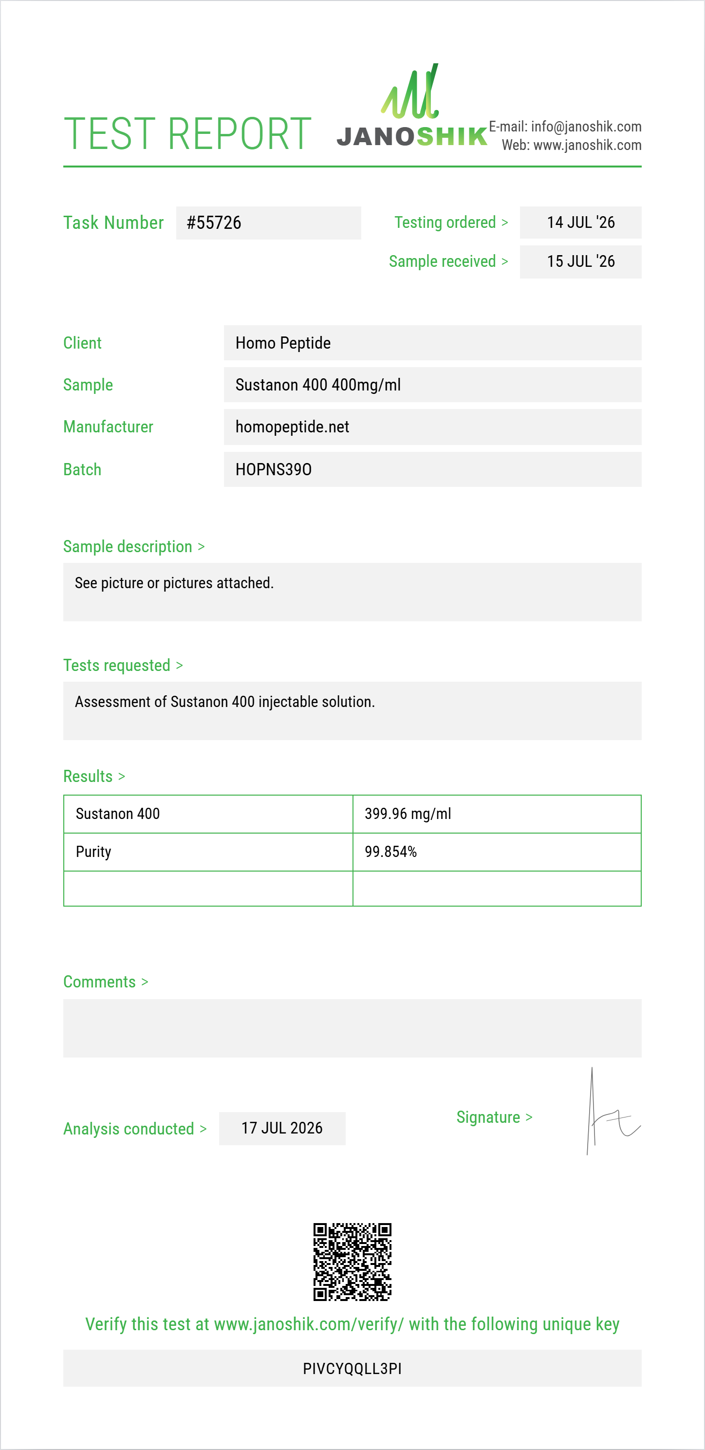 Sustanon 400 Purity (HPLC) report by Janoshik Analytical